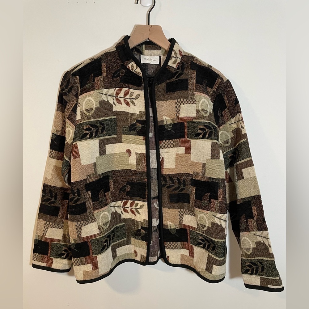 Vintage Studio Works Patchwork Tapestry Jacket Full Zip Fall Brown Leaf Sz Large